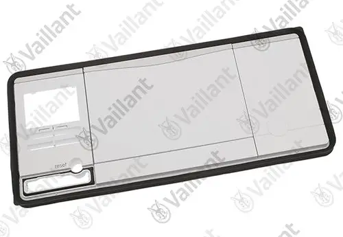 Gehäuseteil mit grauer Oberfläche und schwarzen Kanten, mit Tastenfeld und Reset-Option, geeignet für Vaillant Produkte der Modelle VWF 58, 88 und 118.